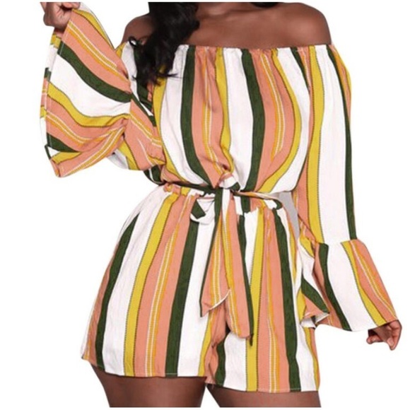 & Merci Striped Off-Shoulder Romper Jumper Size S Muted Orange Gold Playsuit Fun - Picture 1 of 12